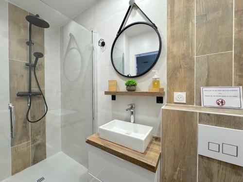 une salle de bain avec un lavabo et une douche avec un miroir dans l'établissement Le Spot de Jean, à Talmont-Saint-Hilaire