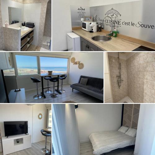 un collage de photos d'une cuisine et d'un salon dans l'établissement Superbe appartement vue sur mer, à Valras-Plage