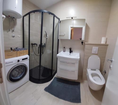 a bathroom with a shower and a toilet and a sink at Apartman Petra in Čapljina