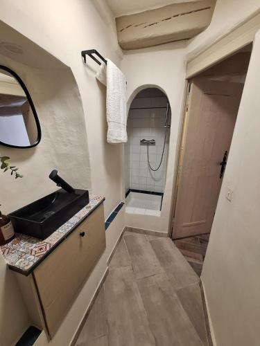 une petite salle de bain avec un lavabo et une douche dans l'établissement Vue et charme provençal à Biot - La Maison du Mitan, à Biot