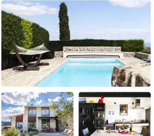 un collage de photos d'une maison et d'une piscine dans l'établissement Gîte des 2 Croix, à Vinzieux