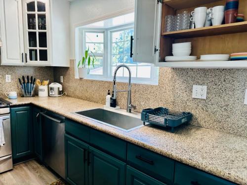 a kitchen with green cabinets and a sink at Hayward Home in Hayward