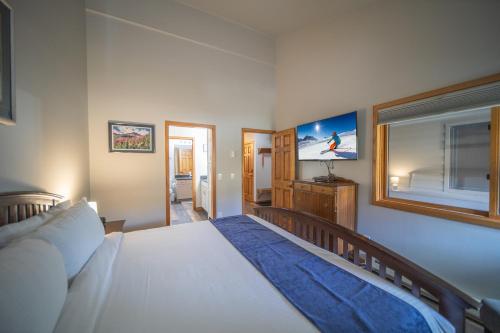 a bedroom with a bed and a tv on the wall at Ski Run 303 by SummitCove Lodging in Keystone