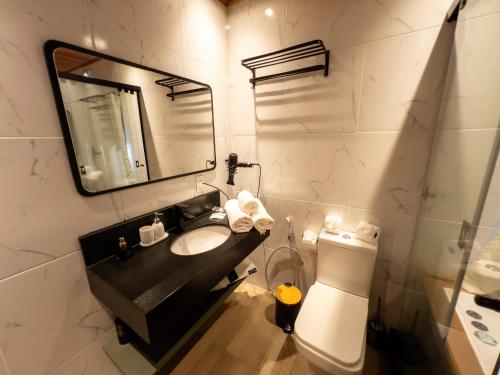 a bathroom with a sink and a mirror and a toilet at Vila Chamonix - Chalé Malbec in Urubici