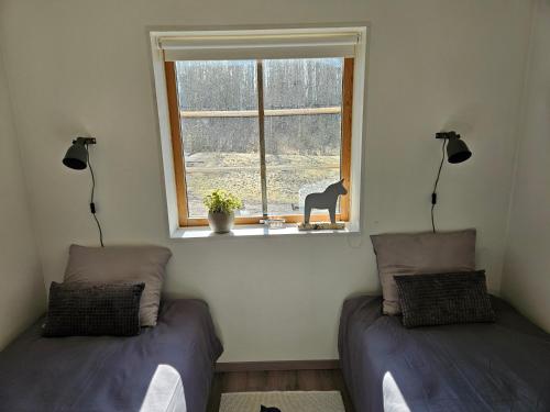 two beds sitting in a room with a window at Röjeråsen stugan in Röjeråsen