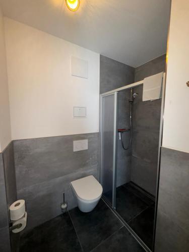 a bathroom with a toilet and a shower at Pension Meeresluft in Rostock