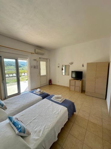 a hotel room with two beds and a television at Garden View Appartment (Thanasis) in Kalavárda