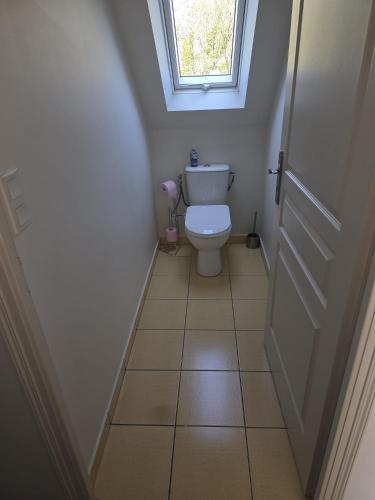 a small bathroom with a toilet and a window at Les chambres de la Vallée Cachée in Callac