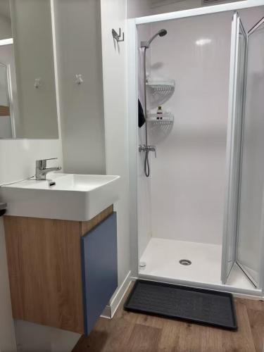 une petite salle de bain avec un lavabo et une douche dans l'établissement Mobil Home 6 personnes La Marina, à Canet