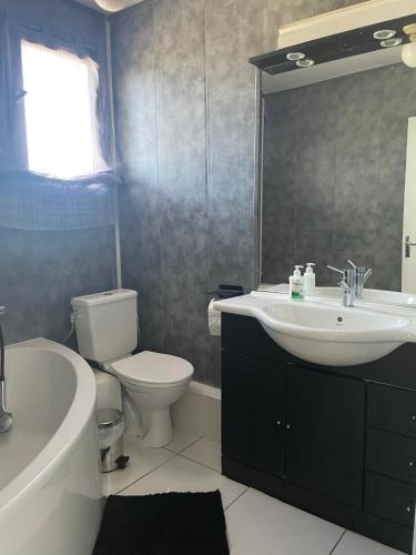 une salle de bain avec un lavabo, des toilettes et une baignoire dans l'établissement Maison 3 chambres, piscine privée terrain de pétanque, à Carcassonne