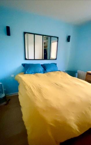 une chambre avec un lit avec un miroir au mur dans l'établissement A perfect apartment in Capbreton center, à Capbreton