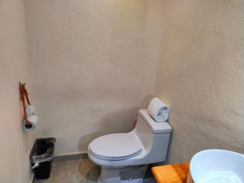 a bathroom with a white toilet and a sink at Ashly Loma Larga in Acapulco