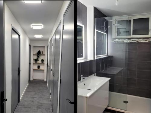 une salle de bain avec un lavabo blanc et un miroir dans l'établissement Casa 9 - Spacieux et familial, 3 chambres, 2 terrasses, climatisation et stationnement facile, à Perpignan