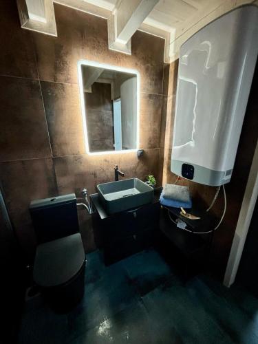 a bathroom with a sink and a toilet and a mirror at domek w stylu stodoły in Narty