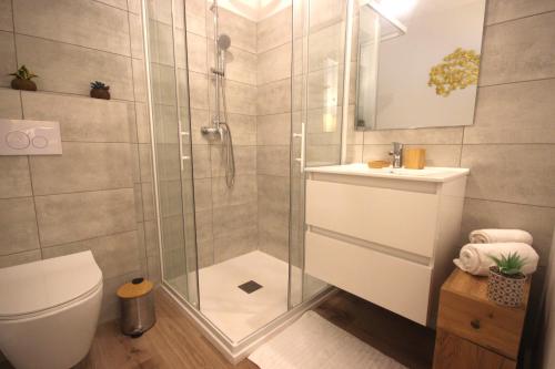 une salle de bain avec une douche, des toilettes et un lavabo dans l'établissement Studio grande piscine dans résidence hôtelière, proche plage, à Lecci
