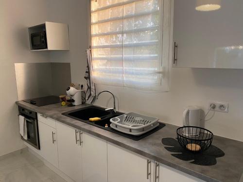 a kitchen with a sink and a counter top at Villa Ébène in Cabassou