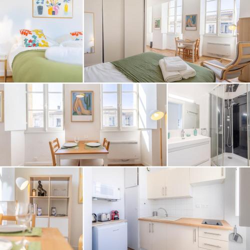un collage de photos d'une chambre et d'une salle de bains dans l'établissement Cosy studio in center of Bordeaux, à Le Bouscat