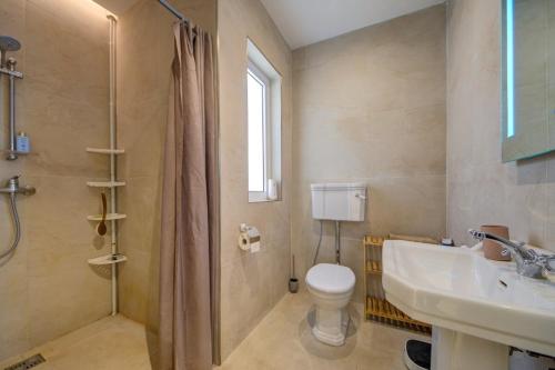 a bathroom with a toilet and a sink and a shower at Artistic Traditional Maltese House in Żebbuġ