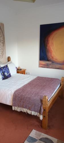 a bedroom with a bed and a painting on the wall at Malin Head SolasTobann ArtHouse Room 1 En-suite in Malin Head