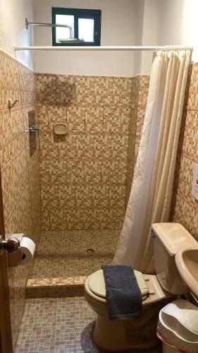 a bathroom with a shower and a toilet and a sink at Ocekepala in Palo Seco