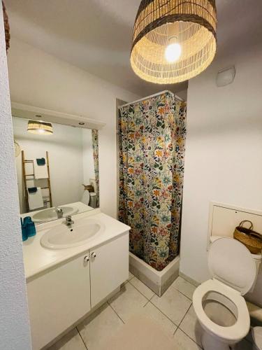 La salle de bains est pourvue d'un lavabo, de toilettes et d'un lustre. dans l'établissement Cosy T2, à Saint-Vincent-de-Tyrosse