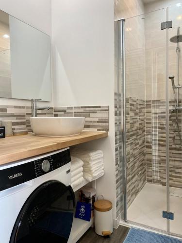 une salle de bain avec un lavabo et une douche dans l'établissement L'Espérance vue sur la vigne et la Loire, à Pouilly-sur-Loire