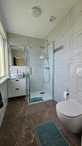 a bathroom with a shower and a toilet and a sink at B&B MiRo in Rouveen