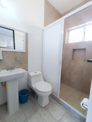 a bathroom with a toilet and a sink and a shower at Departamento Ejecutivo in Gómez