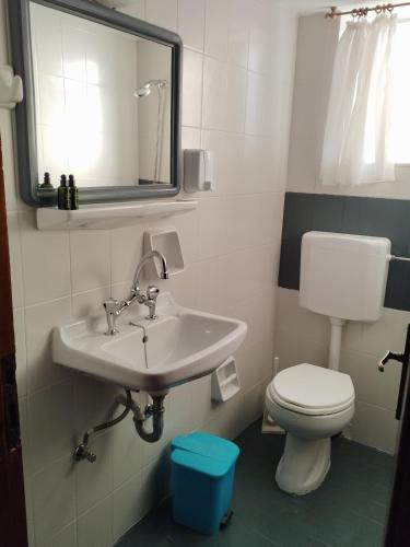a bathroom with a sink and a toilet and a mirror at Hector's Studios in Alikanas