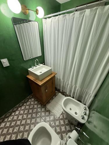 a green bathroom with a toilet and a sink at Mirador del Puerto in Santa Fe