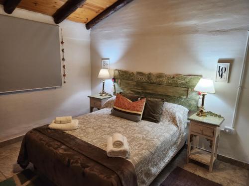 a bedroom with a bed with two lamps and a screen at UMA Cabañas in Lozano