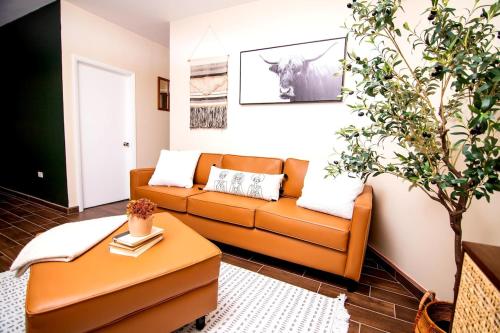 an orange couch in a living room with a plant at Life Hospitality in Ensenada