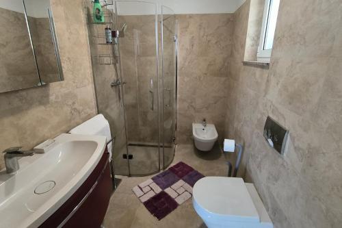 a bathroom with a shower and a toilet and a sink at Family friendly house with a swimming pool Cunski, Losinj - 24170 in Cunski