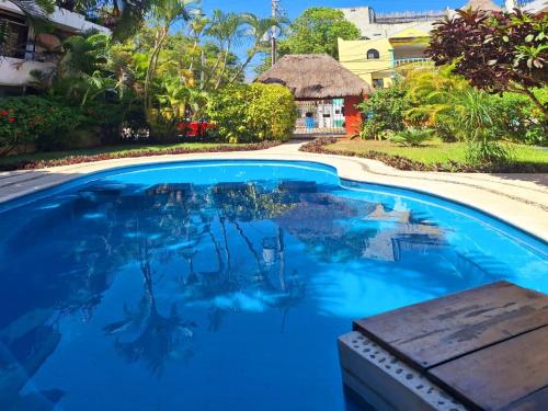 a large blue swimming pool with a house in the background at Casa di Cesare in Playa del Carmen