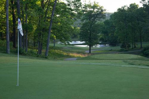 a golf course with a green with a flag at Lodge of Four Seasons Golf Resort, Marina & Spa in Lake Ozark