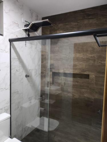 a shower with a glass door in a bathroom at Chalé Vista da Serra in Cunha