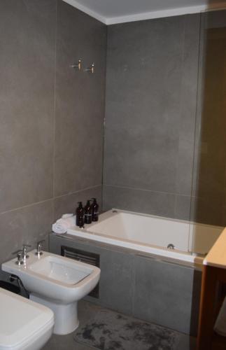 a bathroom with a tub and a toilet and a sink at Molla Tutto in Villa La Angostura