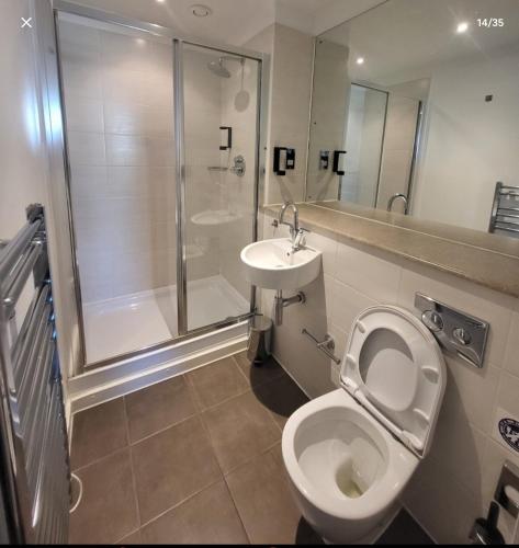 a bathroom with a shower and a toilet and a sink at 1 room in shared 2 bedroom apartment R1 in Manchester