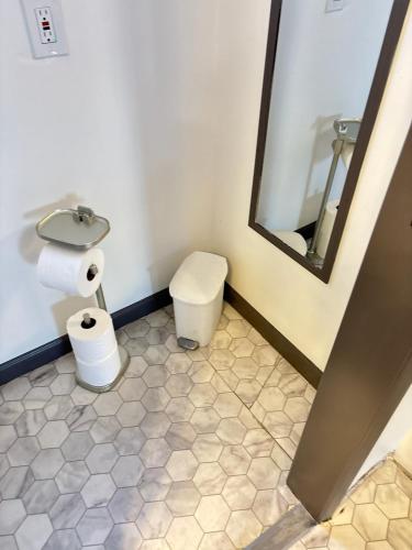 a bathroom with a toilet and a sink and a mirror at Fresh & Comfy House with Hot Tub, Pool Table, & BBQ in Eugene