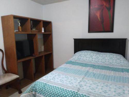a bedroom with a bed and a book shelf at Agradable habitación A in Mexicali