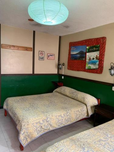 two beds in a room with a green wall at Flying Donkey in Otavalo