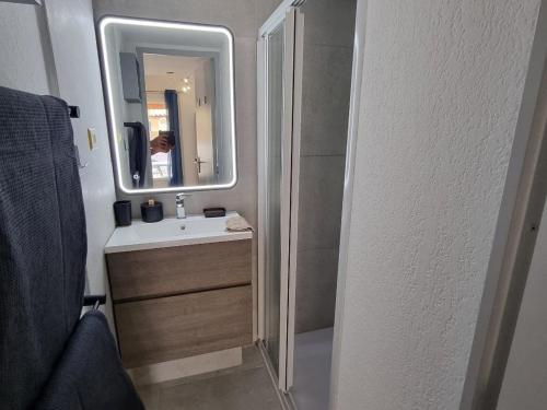 une salle de bain avec un lavabo et un miroir dans l'établissement Pavillon à Valras-Plage, 4 pers, piscine, clim, parking, proche mer - FR-1-781-68, à Valras-Plage