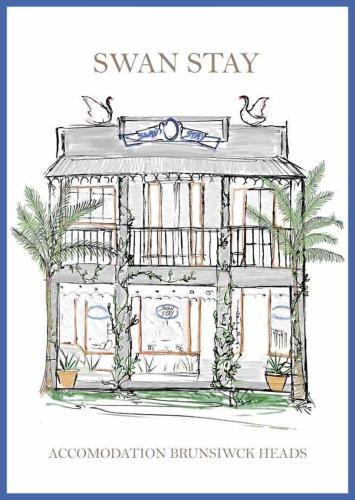 a drawing of a swan shop with palm trees at One Fabulous Room Brunswick Heads in Brunswick Heads