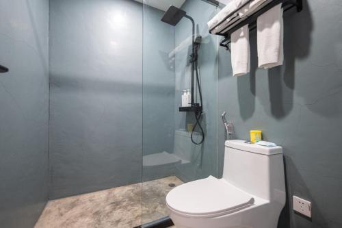 a bathroom with a toilet and a glass shower at 青城山喜遇安下私汤民宿 in Dujiangyan
