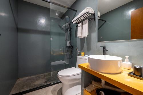 a bathroom with a sink and a toilet at 青城山喜遇安下私汤民宿 in Dujiangyan