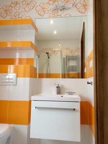 a bathroom with a white sink and a mirror at Willa ala Maria in Świnoujście