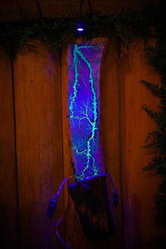 a purple and green light on a wooden wall at Barlogul Ursului in Baia Mare