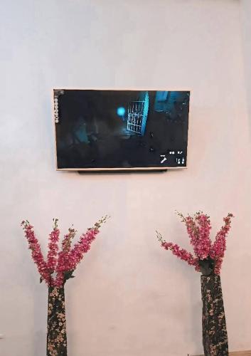 two vases with pink flowers on a wall at Casa Felice in Legazpi