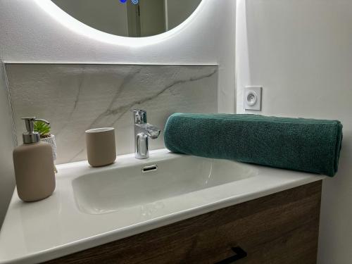 a bathroom sink with a green towel on it at L'écrin du Lac St-Point in Malbuisson