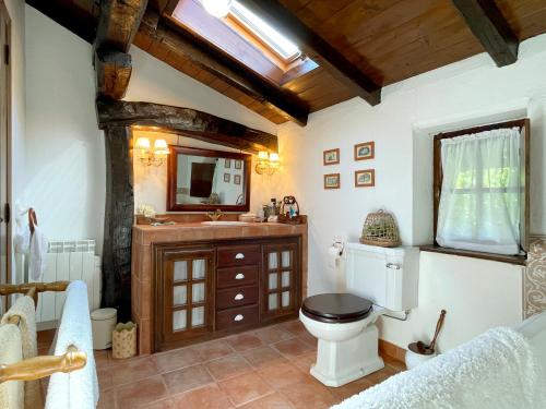 a bathroom with a toilet and a sink and a mirror at Casa rural Garata in Arantza